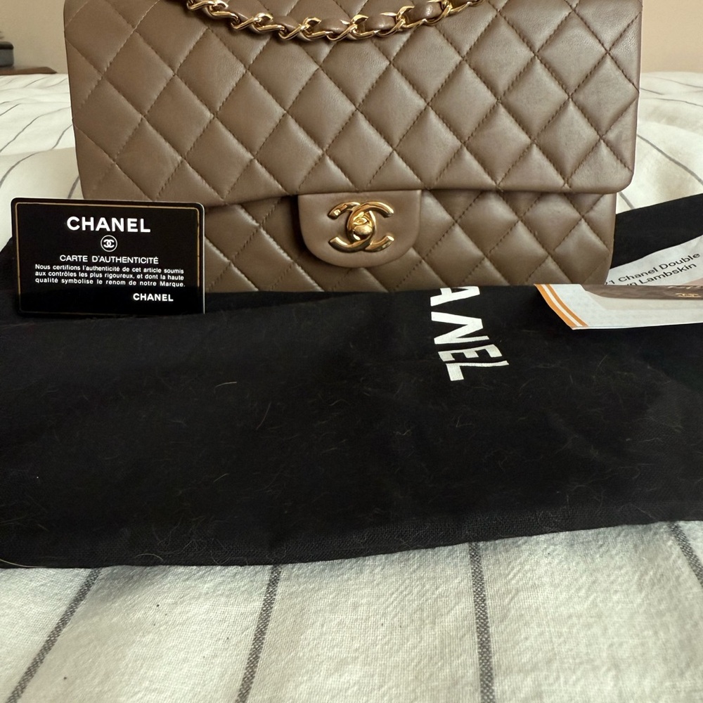 Chanel classic Medium double flap 24K gold hardware in Brown card COA duster
